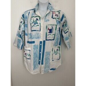 Play Alegre Painted Blouse Women XL  Coastal Boats Button Up White Fish